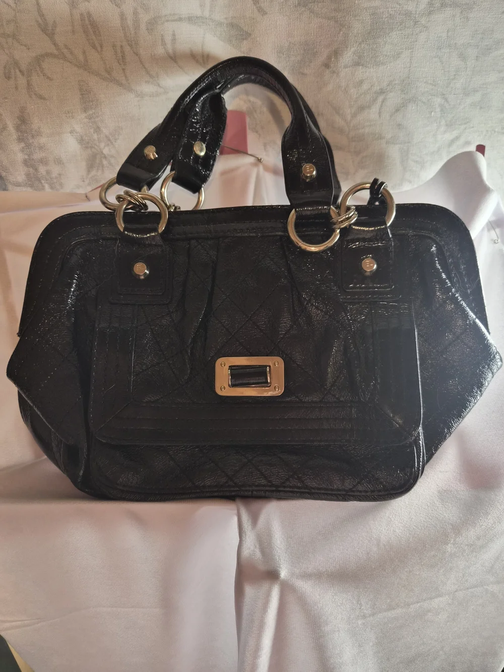 Elliott Lucca Black Patent Leather Satchel Shoulder Bag Gold Hardware EUC
